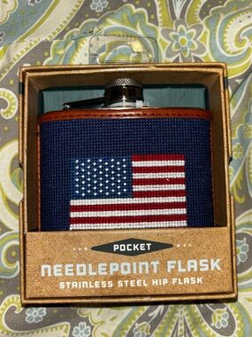 Needlepoint American Flag Pocket Flask - Navy